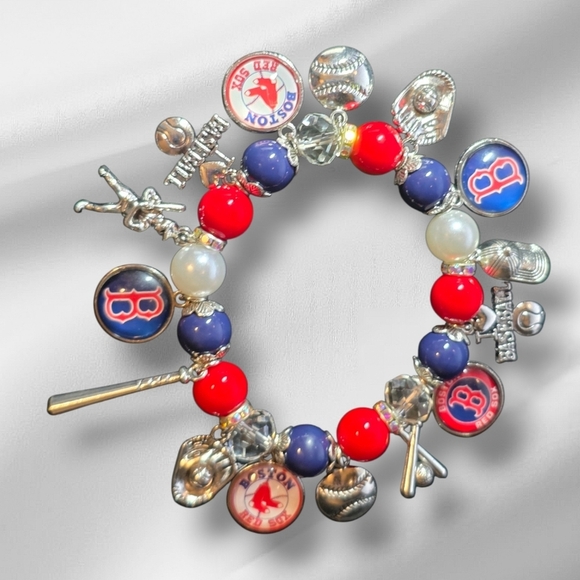 Charmed By SLG Jewelry - Boston Red Sox Charm Stretch Bracelet - Red, Blue, Silver